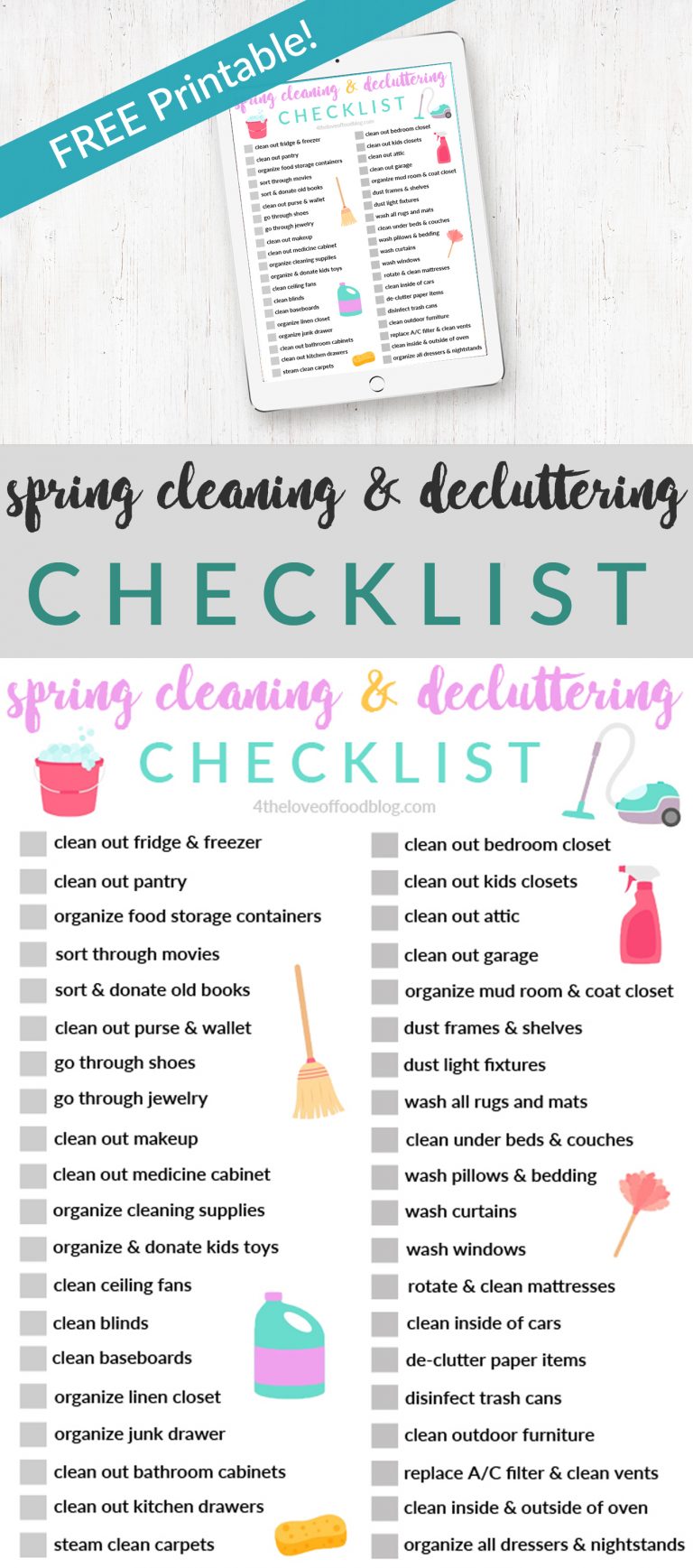 Spring Cleaning and Decluttering Printable Checklist - For the Love of Food