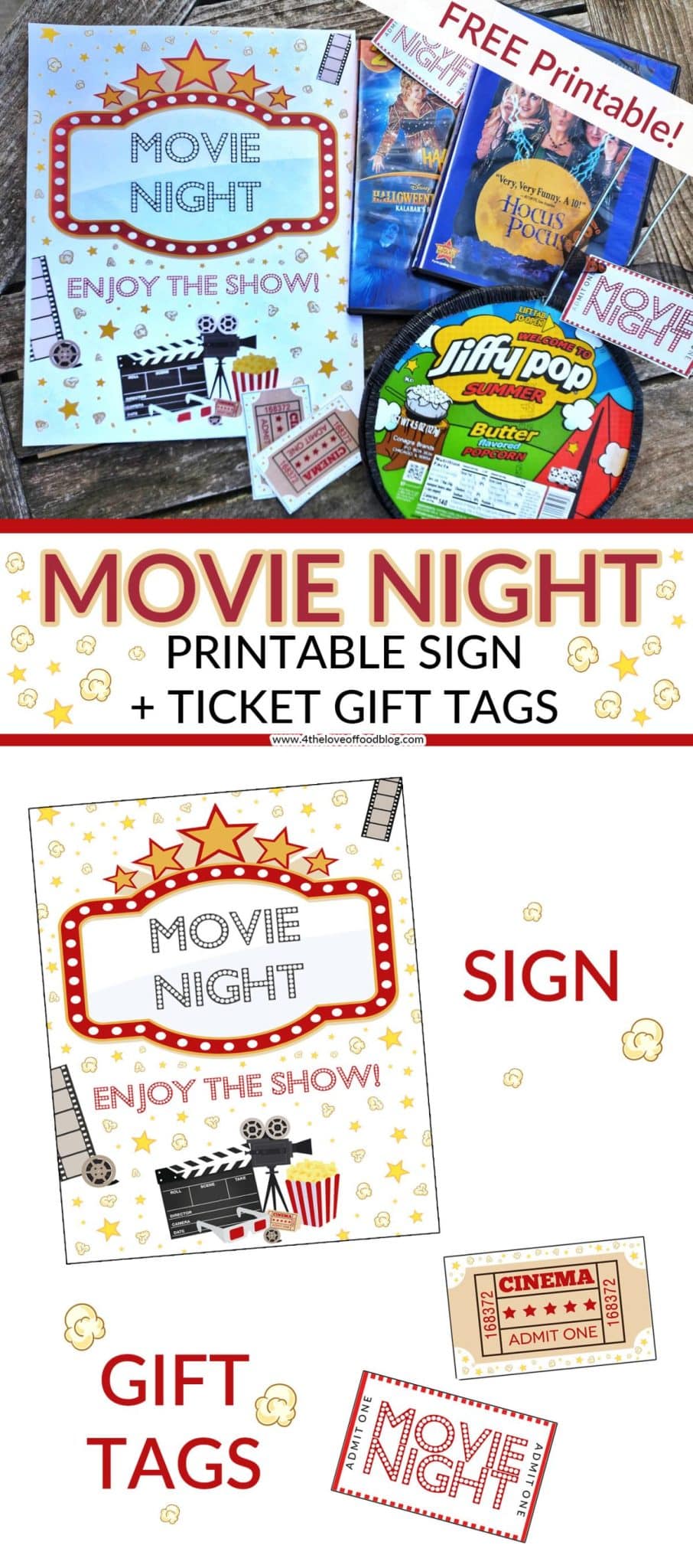 Movie Night Printable Sign and Ticket Gift Tags - For the Love of Food